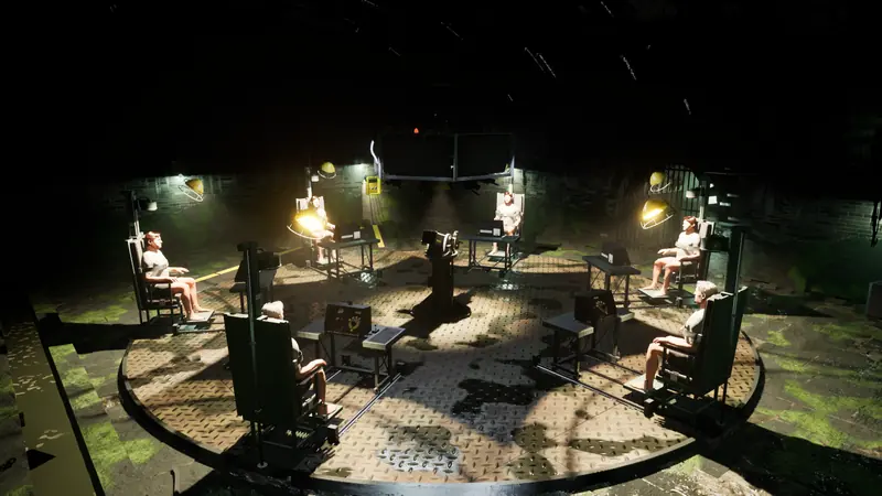 Overhead view of the Bassefogne room with six electric chairs.
